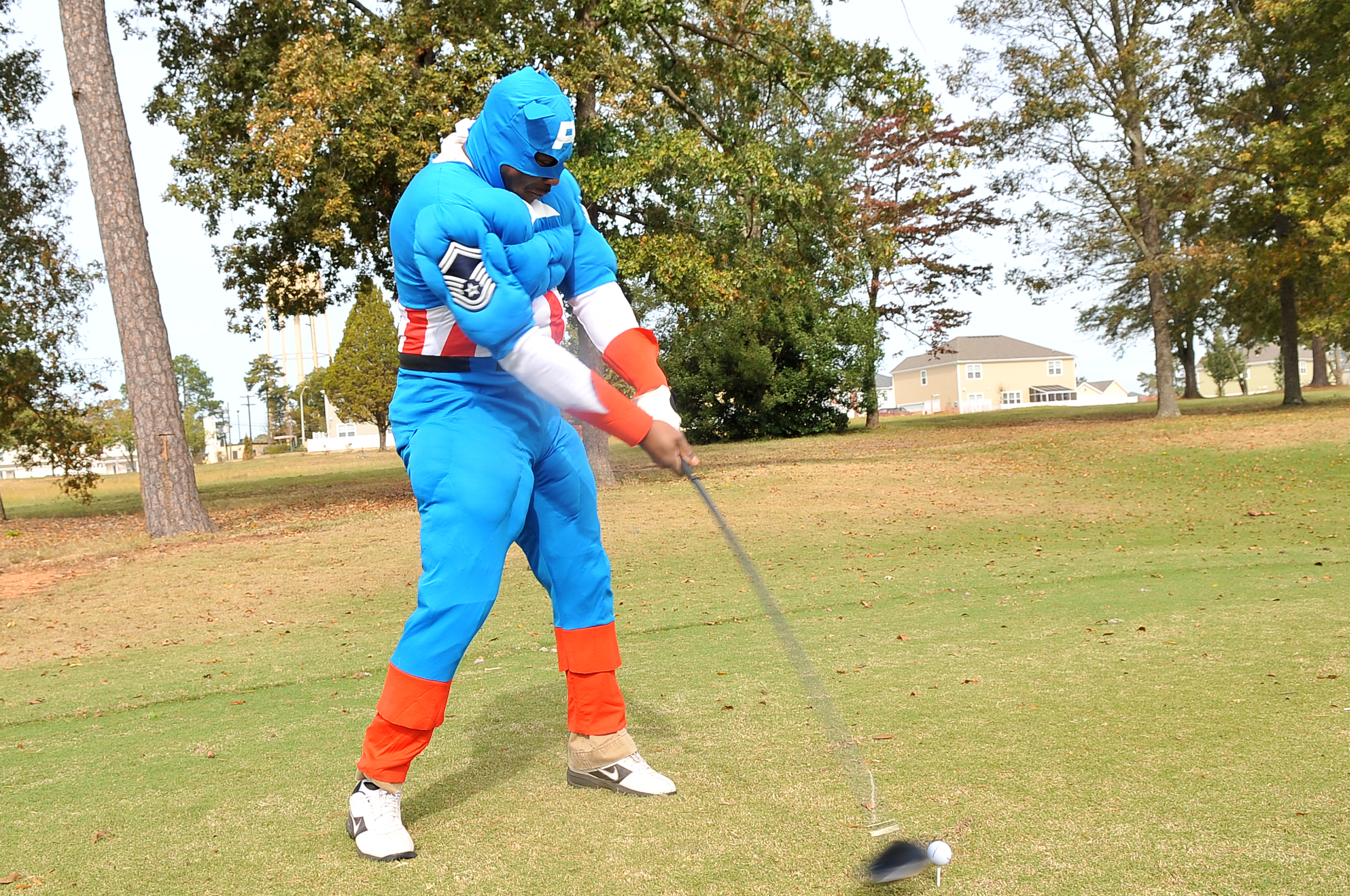 U.S. Air Force Senior Master Sgt. Richard Crivens, 20th Contracting Squadron superintendent, takes a swing in a round of golf, Shaw Air Force Base, S.C. Oct. 26, 2012.The tournament was raised to help raise money for some holiday events in the upcoming future. (U.S. Air Force photo by Airman 1st Class Ashley L. Gardner/ Released)