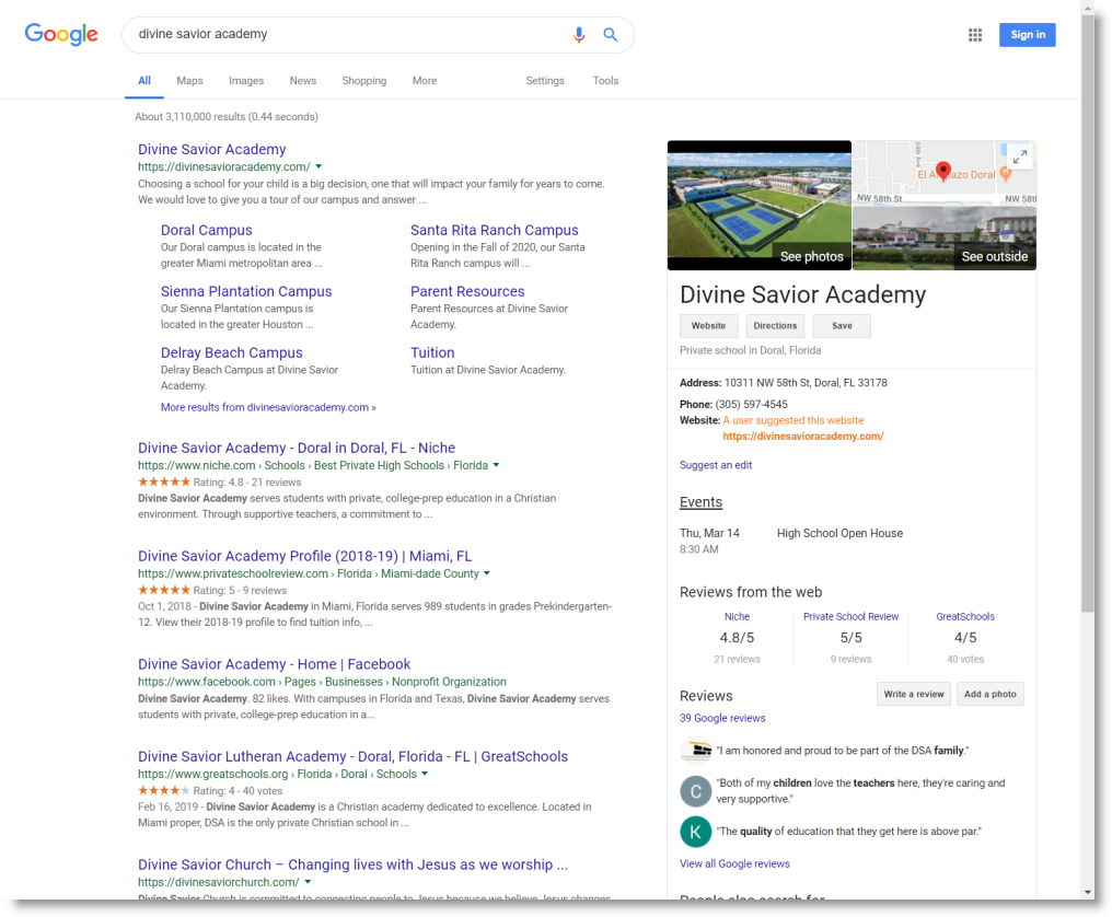 Google My Business location / address map search for Divine Savior Academy in Doral FL