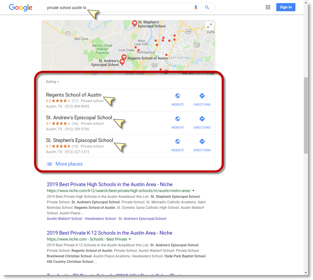 Google Maps location / address search for private schools in Austin TX